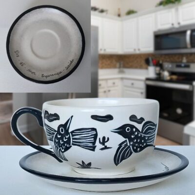 Caneca Para Chá 300ml e Pires – Tema Xilogravura – “Paz / Fé / Amor / Esperança / Saúde”