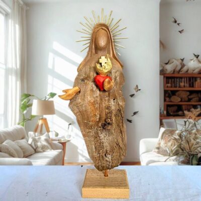 Sagrado Coração de Maria 53cm – Escultura em Tronco de Madeira