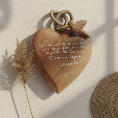 Coração Poesia Beija-flor em Madeira | Para Parede
